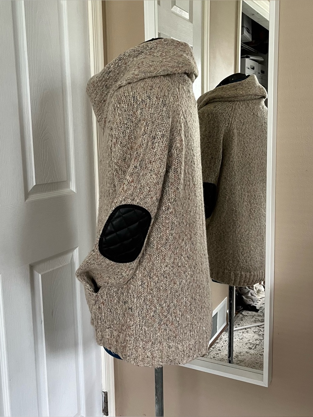 Kensie heathered greige sweater with cowl neck black quilted leather-feel elbow